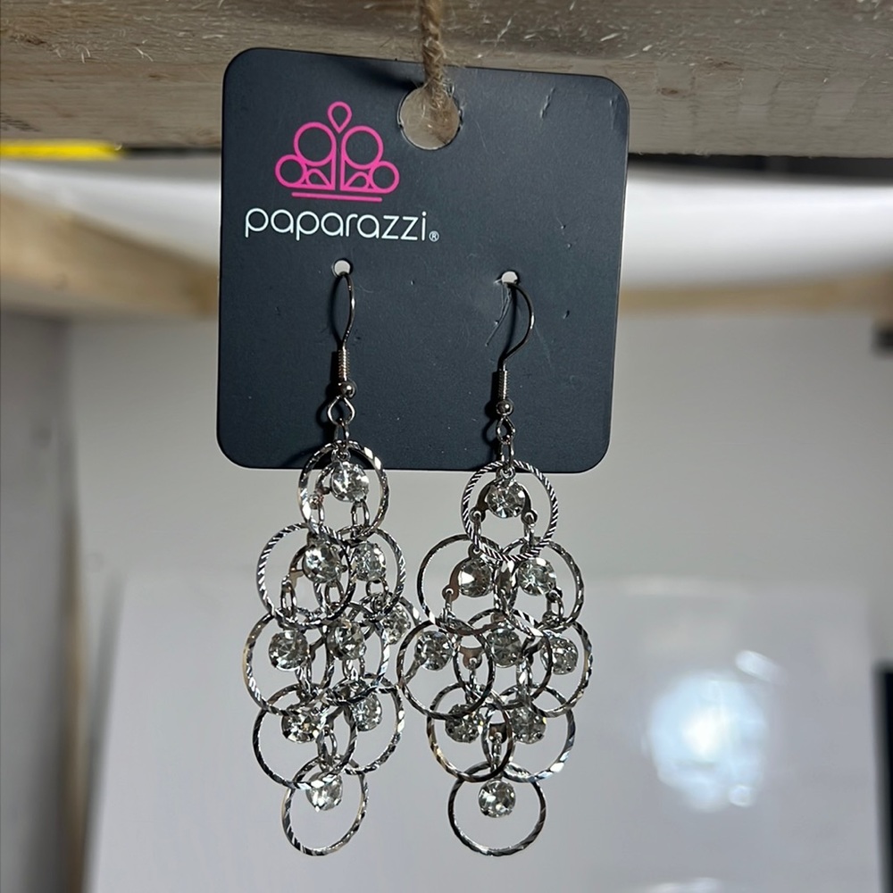 Paparazzi rhinestone and Silver ringed earrings with Shepherds Hooks